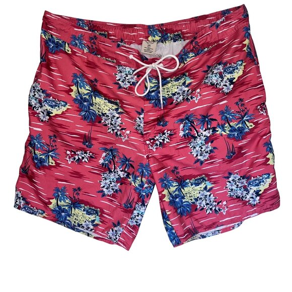 St Johns Bay Mens Hawaiian Print Swim Trunks 3XL Pink Tropical Polyester - Picture 1 of 14